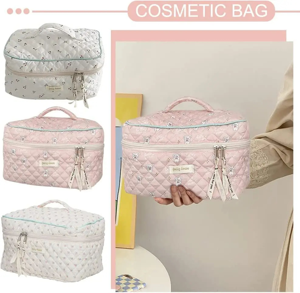 Floral Cotton Makeup Bag Large Capacity Travel Cosmetic Bag Quilted Pouch Coquette Aesthetic Toiletry Women Girls Ladies Storage 241212