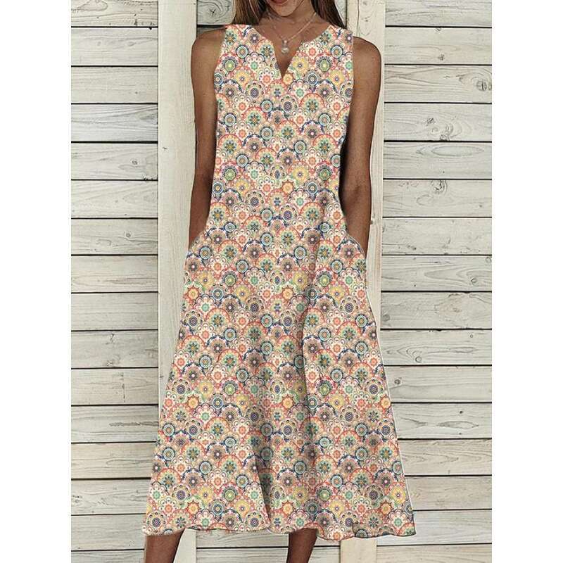 European and American summer digital print V-neck ral long loose sleeveless women's dress 2024 new casual versatile fashion clothing