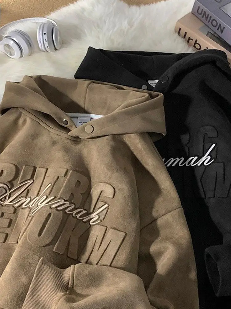 American autumn and winter trend mens retro steel sealed letter hanging hoodie couple loose casual top Halajuku 241214