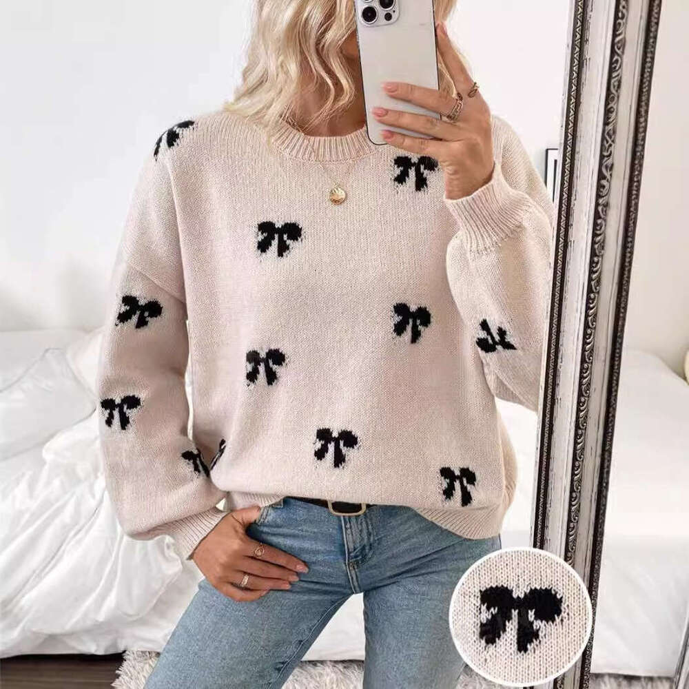 European And American Independent Station Bow Jacquard Clothes Autumn Simple Design Sense Women's Sweater