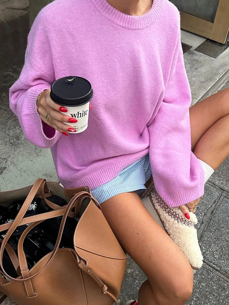 Casual Rose Pink Womens Oneck Knitted Floral Fashion Long Lantern Sleeve Loose Solid Sweater 2024 Basic Daily Jumper 241211