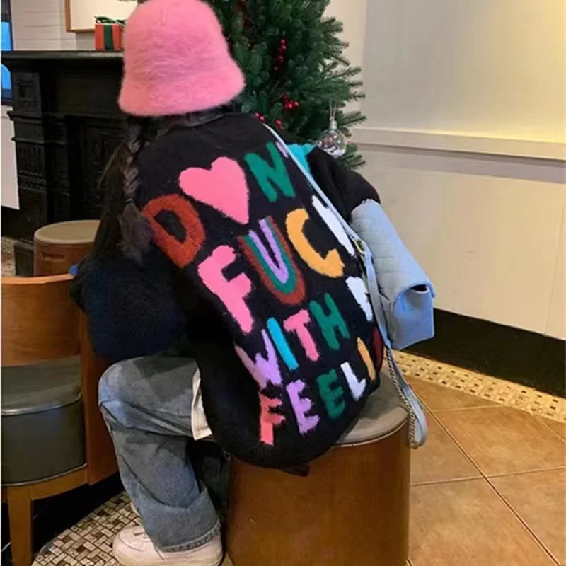 Sweater Women Fashion Letter Print Knitwear Jumper Thicked Casual Oversized Rops Mujer Korean Y2k Knit Pullovers 241216