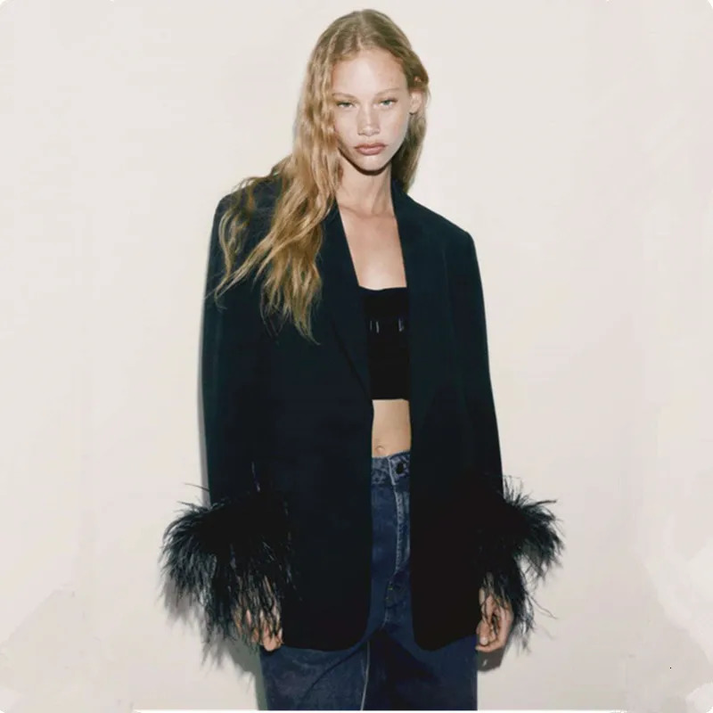 Fashion Splicing Feather Women Blazers Pant Sets Casual Single Button Long Sleeve Loose Jacket Coat Female Solid Blazer Top 2930 241214