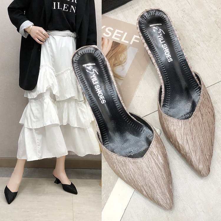 2025 new Pleated Summer mules shoes woman pure elegant dress pumps korean strange high heels slippers women closed toe sandals satin