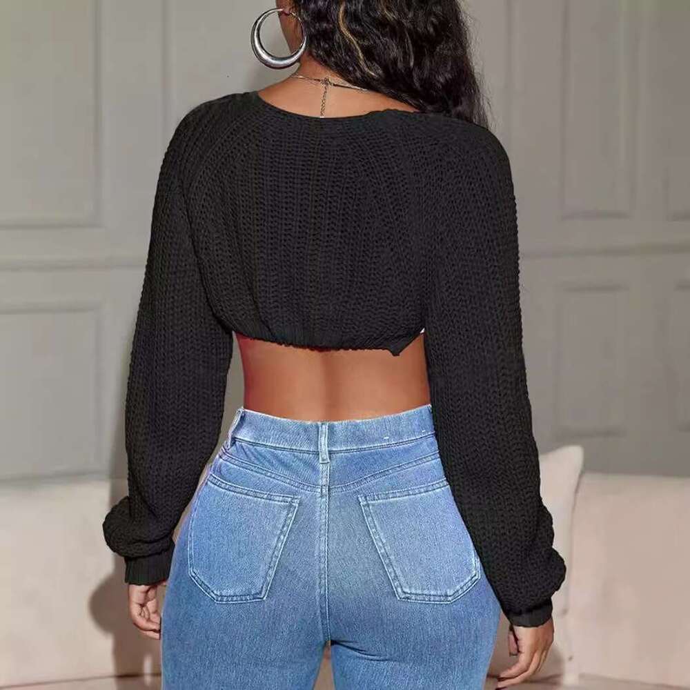 European And American Sexy Round Neck Fashionable Ribbed Style Shoulder Sleeves Short Collar Clothes For Autumn Women