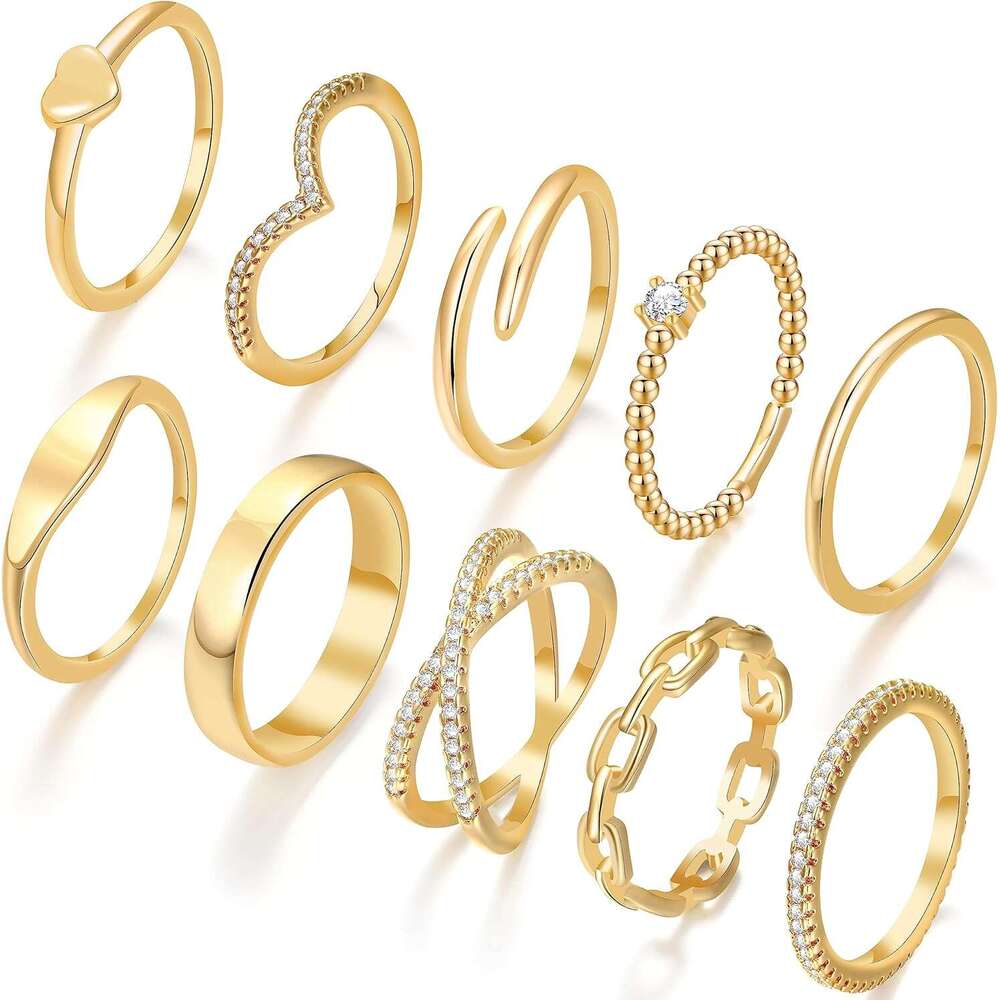 10 PCS Dainty 14K Gold Women, Open Twist Simulated Dia Criss Cross Designs, Perfect for Stacking Layering on Thumb and Knuckle Engagement Rings in Sizes 6-10