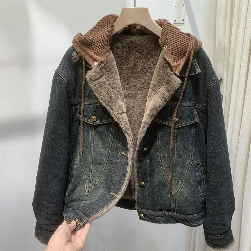 Retro womens winter warm wool lined denim jacket casual streetwear knitted hooded boyfriend style loose fitting coat 241211