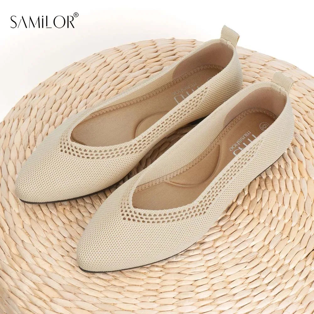 Samilor Fly Woven Flat Shoes Womens Pointed Toe Breathable Ballet Flat Shoes Shallow Mouth Slip on Loafers Knitted Elastic Moccasins 241213