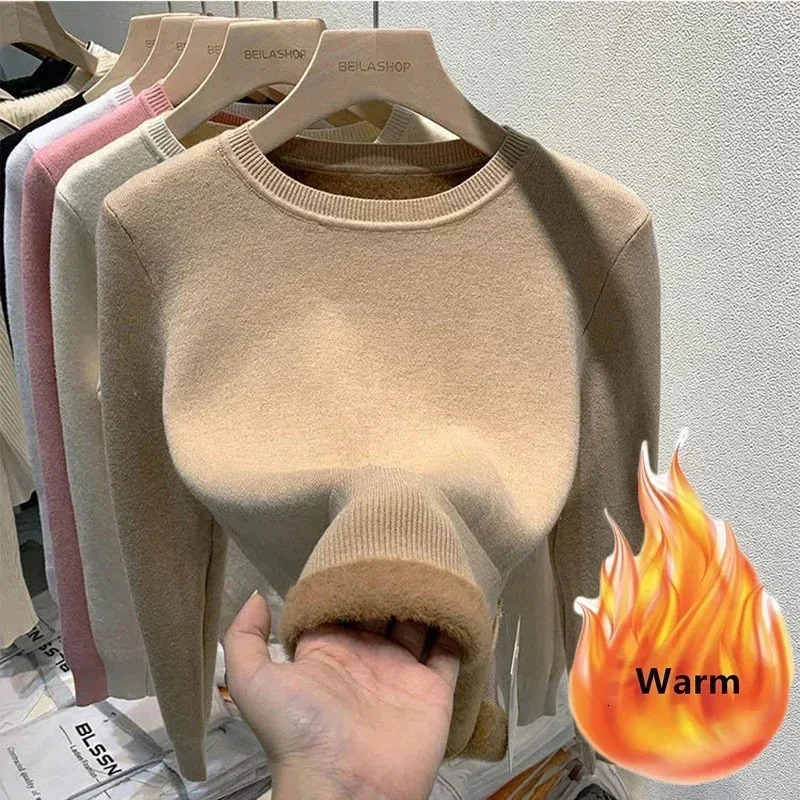 Womens Oneck velvet thick sweater ultrathin in winter warm long sleeved knitted top casual plush lining soft floral womens 241211