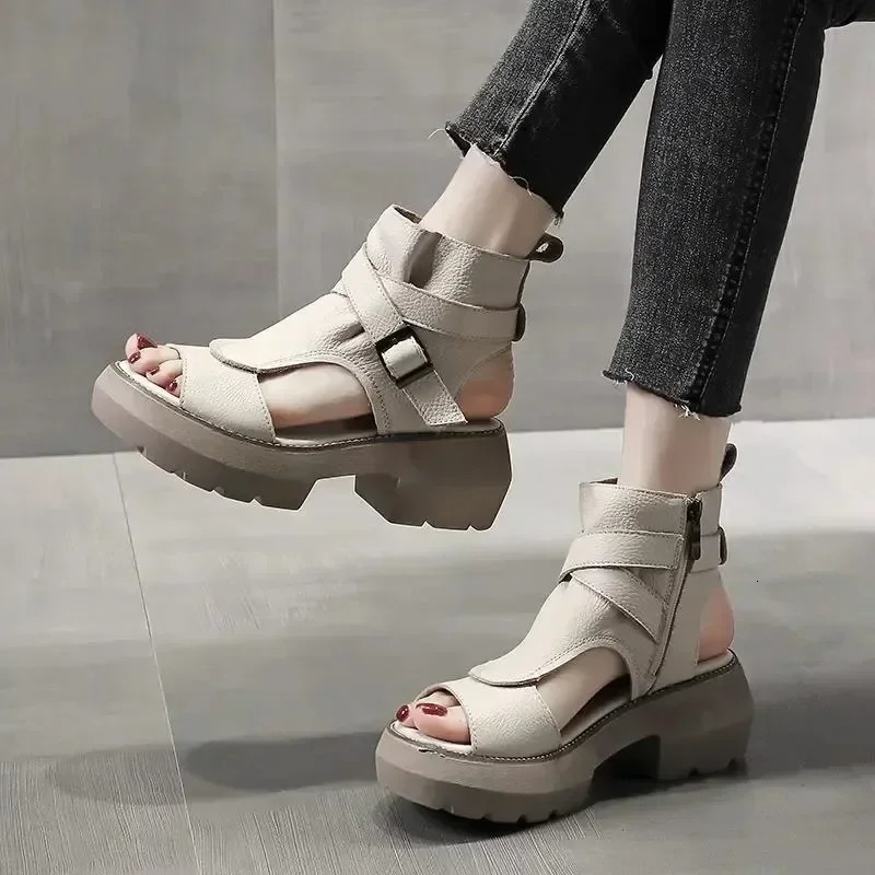 2024 Summer Shoe Sandals Retro Genuine Leather Wedges Platform Peep Toe High Heel Black 241213