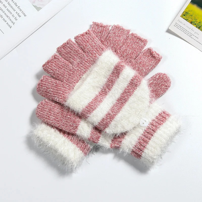 COKK Womens Fingerless Gloves Cute Artificial Rabbit Fur Striped Knitted Winter Warm Hand 241212