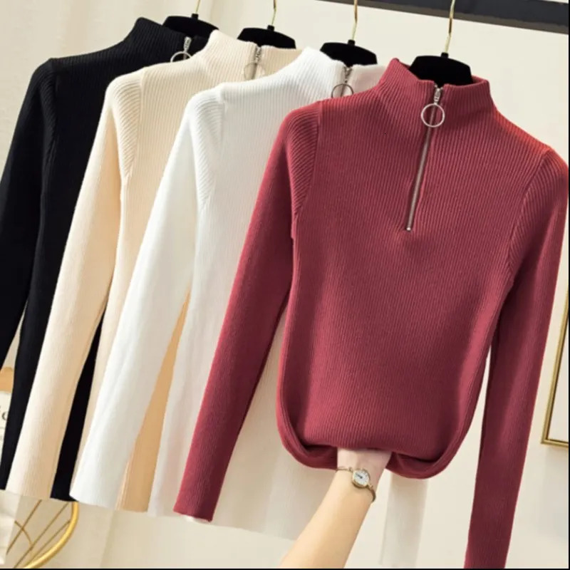 Knitted womens zipper semi high neck sweater with floral pattern basic for autumn and winter ultrathin solid knitted top 241211
