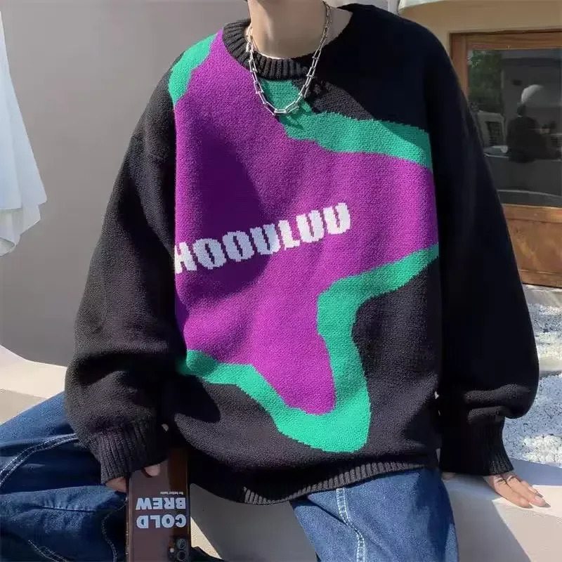 Haruku Patchwork Sweater For Men Oversized Knitted Pullover With Letter Embroidery - Streetwear Style