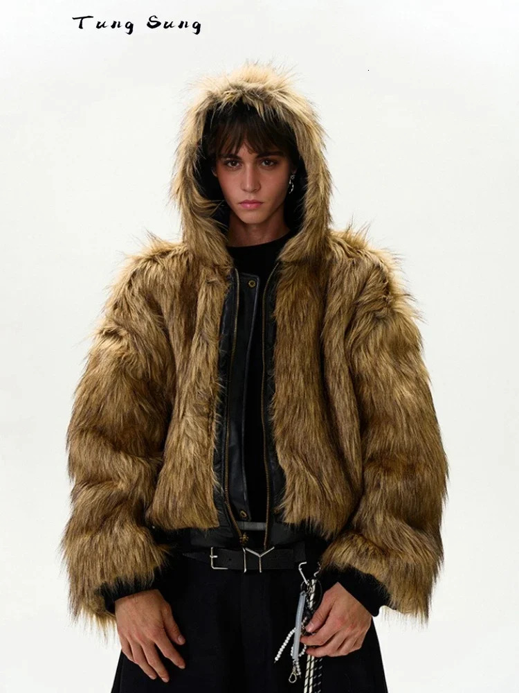 Tung Sung Short Faux Cotton Coats Trendy Vintage Casual Reversible Coat Fur Integrated Hooded Silhouette Jacket Men
