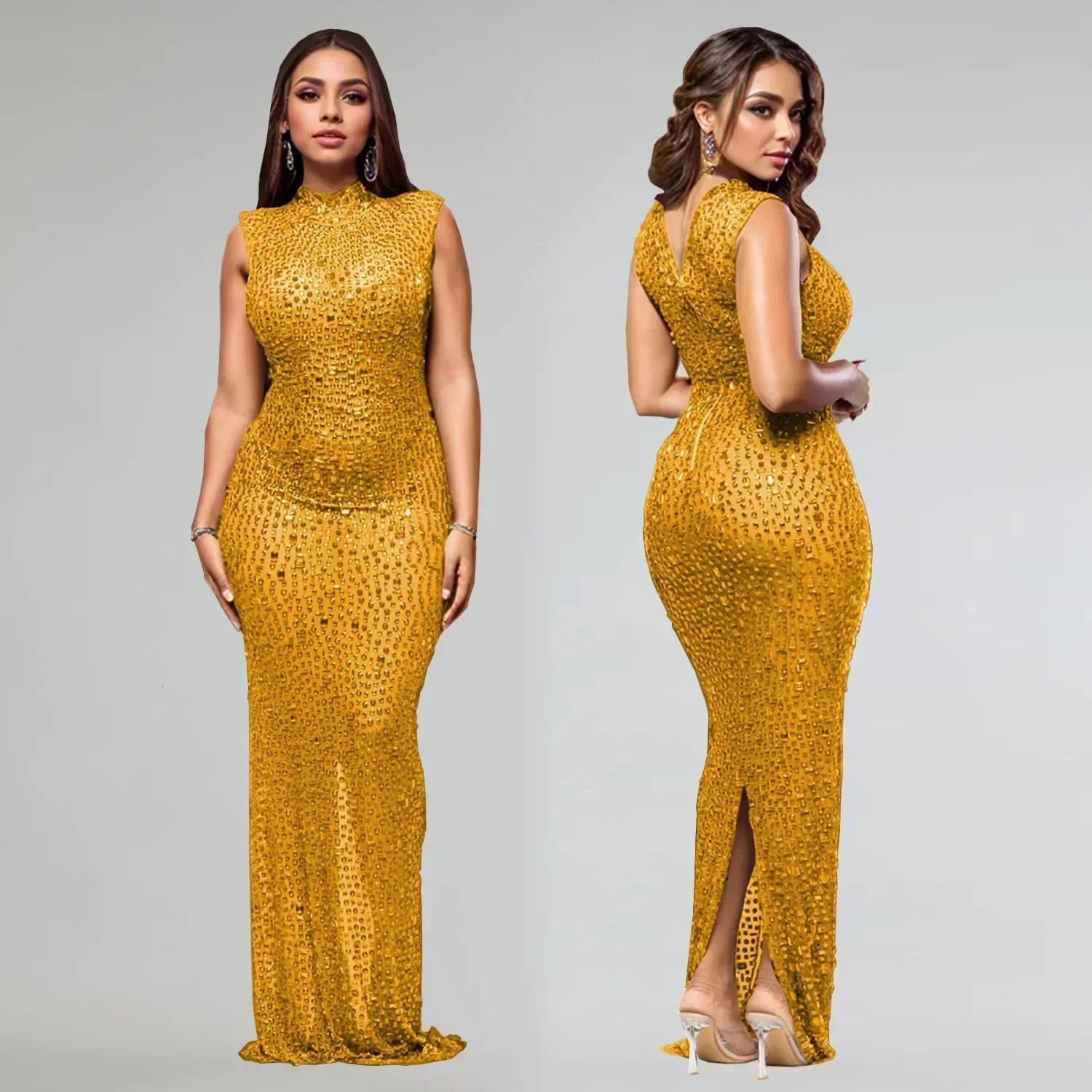 CM.YAYA 2024 Fall Diamonds Rhinestones O-neck Women Sleeveless Bodycon Long Dress Birthday Party Evening Prom Maxi Dresses 241214