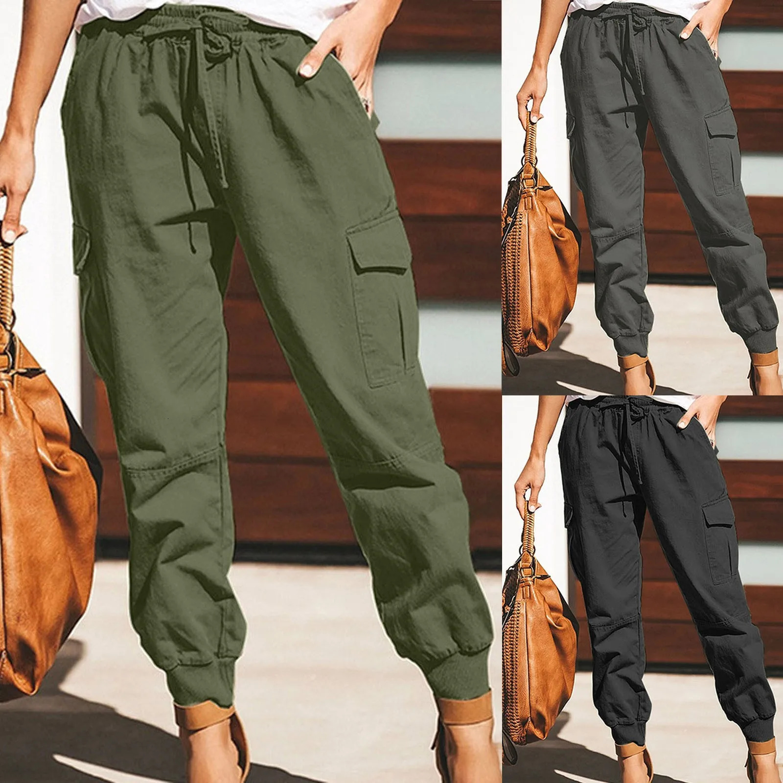 Womens retro casual pocket cargo pants fashionable solid color loose 241212