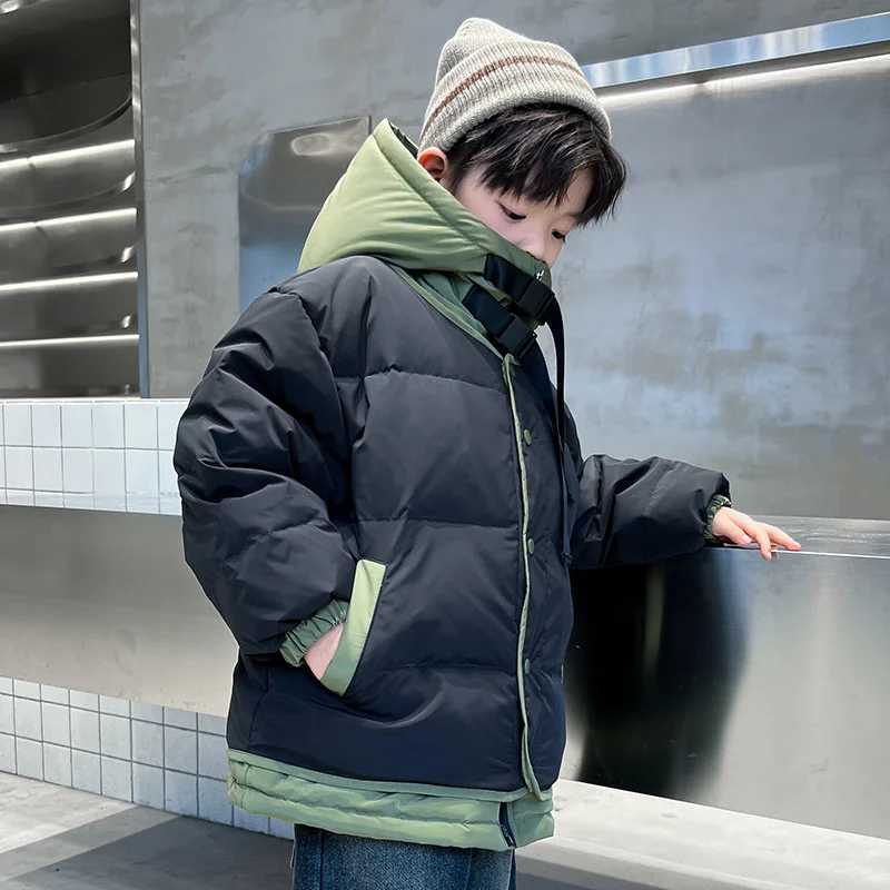 Boys Fashion Down Coats Kids Winter Thickened Hooded Jackets Kids Warm Casual Parkas New Cotton Clothes Teenager Overcoat 5-14YXJ241214