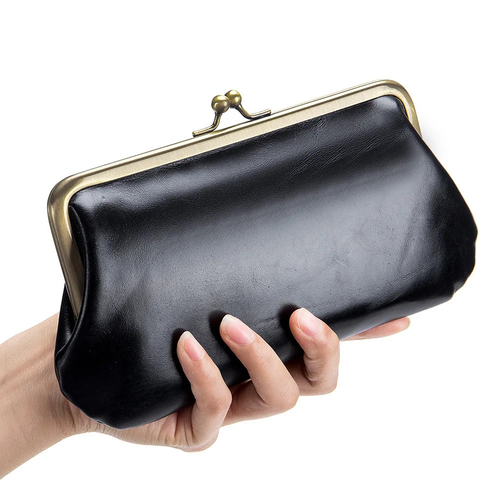 Kisslock womens wallet genuine leather womens wallet long clutch bag Laides long clip cow leather mobile phone wallet 241212