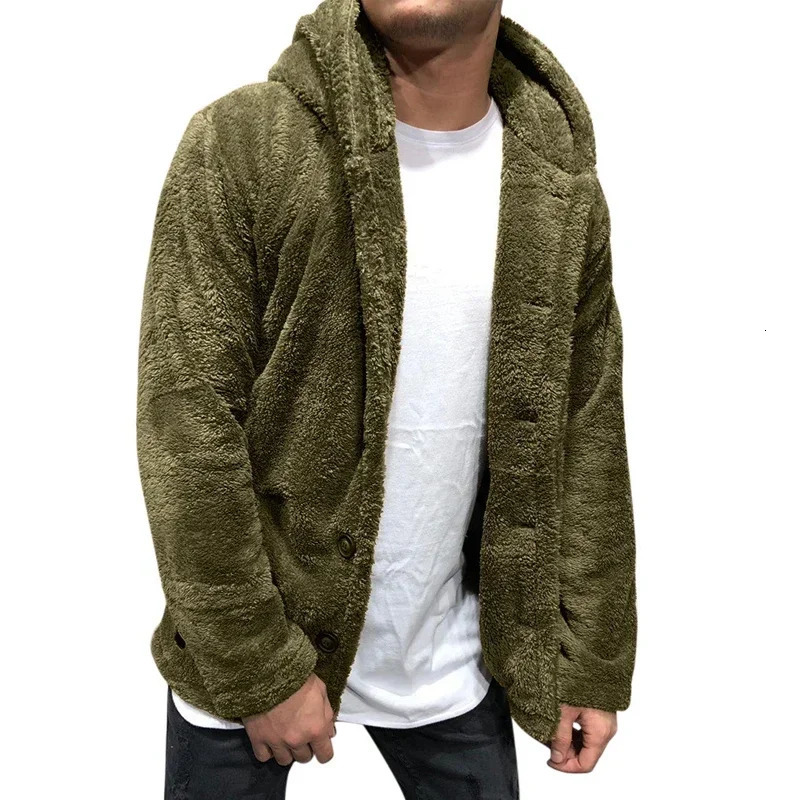 Mens Teddy Bear Wool Coat Winter Warm Hooded Coat Fashion Solid Color Long Sleeve Pocket Button Hooded Warm Coat 241214