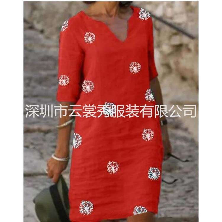 2020 summer print loose washed cotton floral short sleeved women's artistic round neck five quarter sleeve 2024 new casual versatile fashion clot