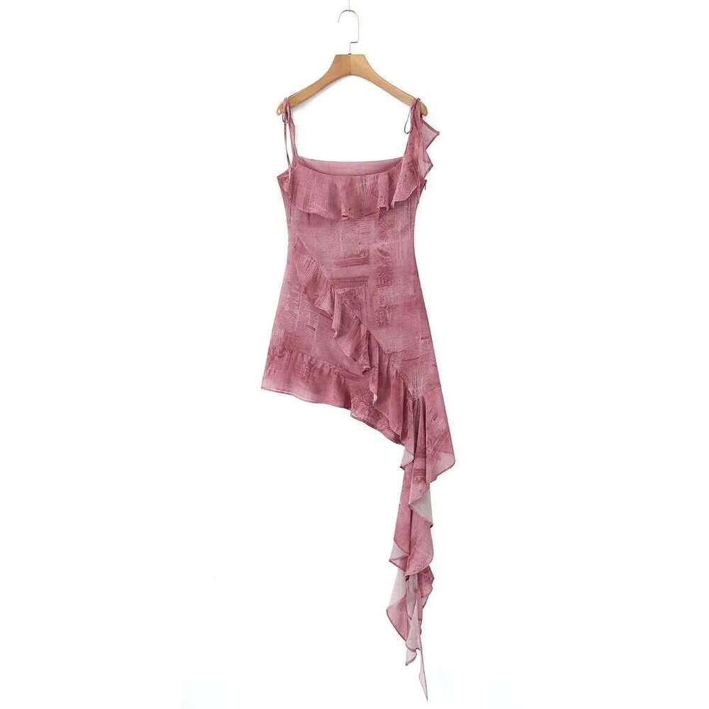 American vacation style irregular ruffle edge ribbon camisole women's lace up dress one-step short skirt 2024 temperament versatile new trend clo