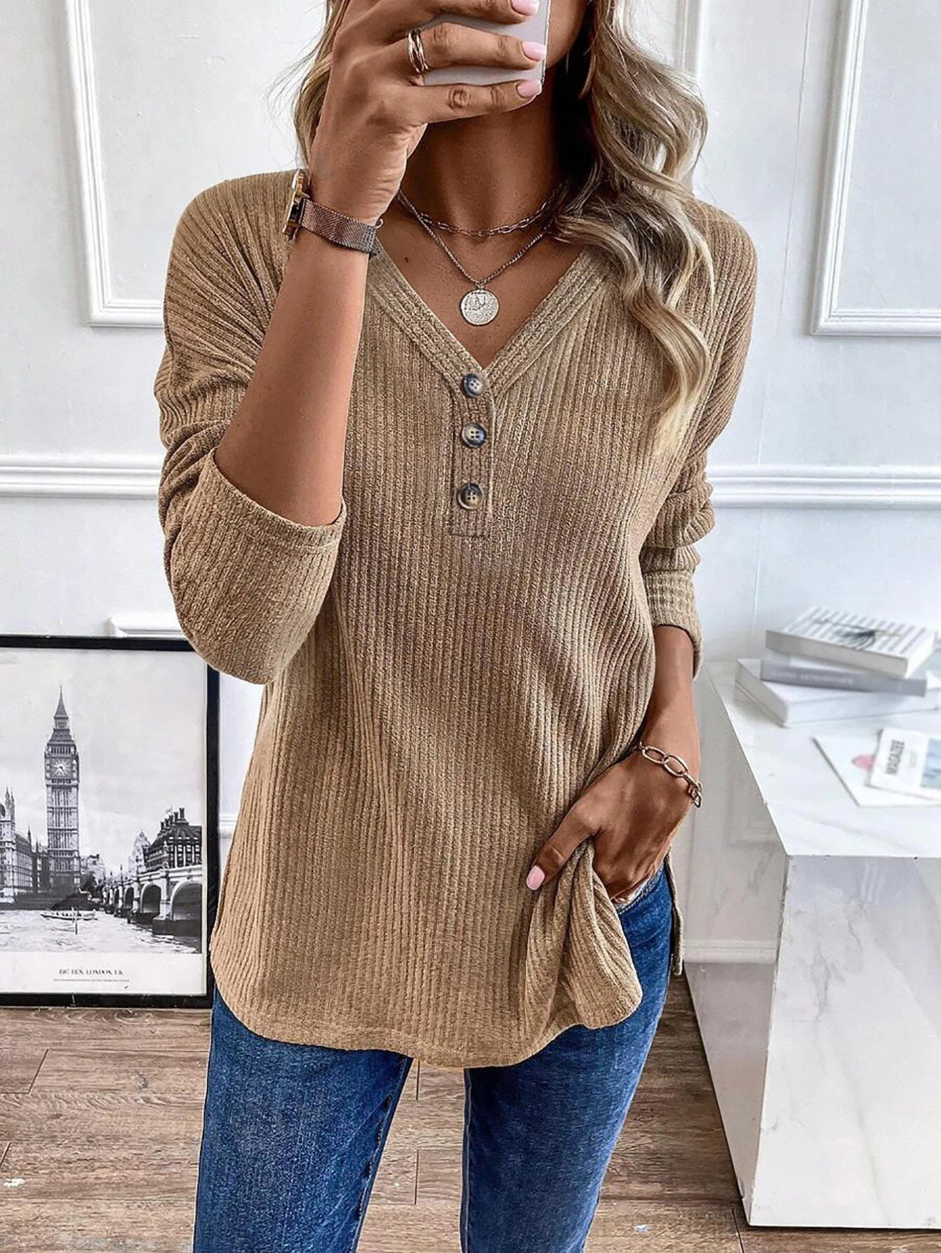 Spring and automatic buttons ribbon knit top casual sweater fully matched solid color long sleeved Vneck 241211