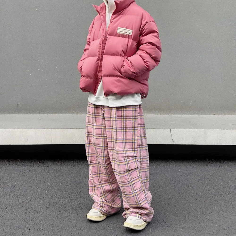 Mens Pink Vintage Oversized Plaid Pants Summer Baggy Wide Leg Pants Drawstring Y2K Streetwear Trousers Japanese Korean Clothes 241214