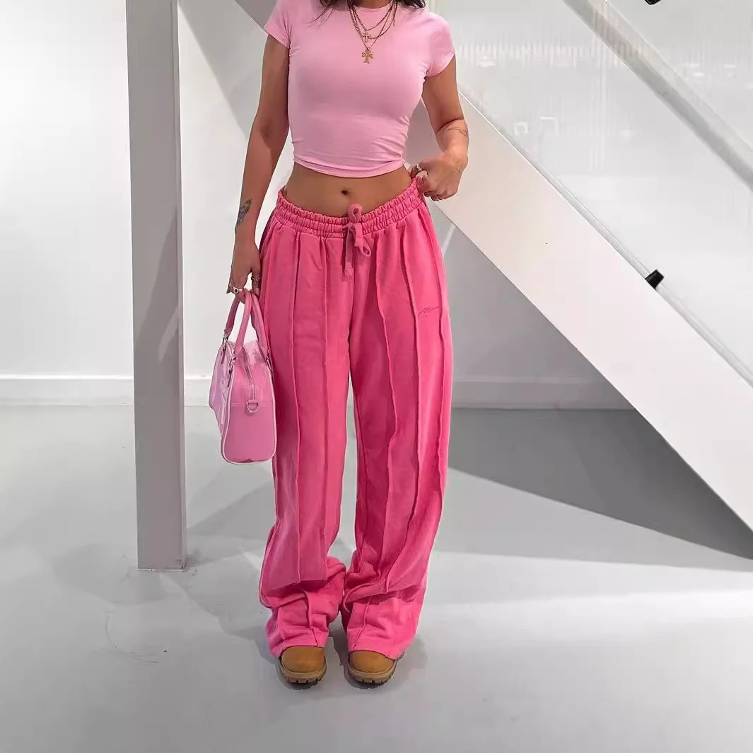 Womens Y2k elastic brushed straight leg pants casual high waisted wide lounge sports street Trousers 2024 241212