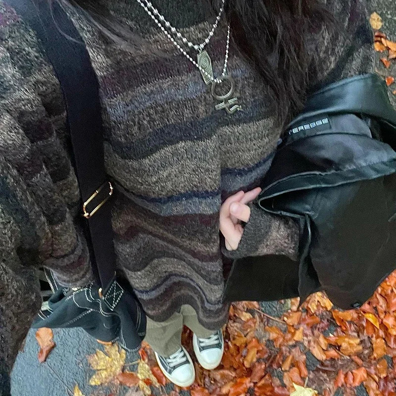 Preppy Grunge Retro Striped Knitted Sweater Autumn ONeck Full Set Jumper Fairycore Y2K Aesthetic Grandfather Puller 241211