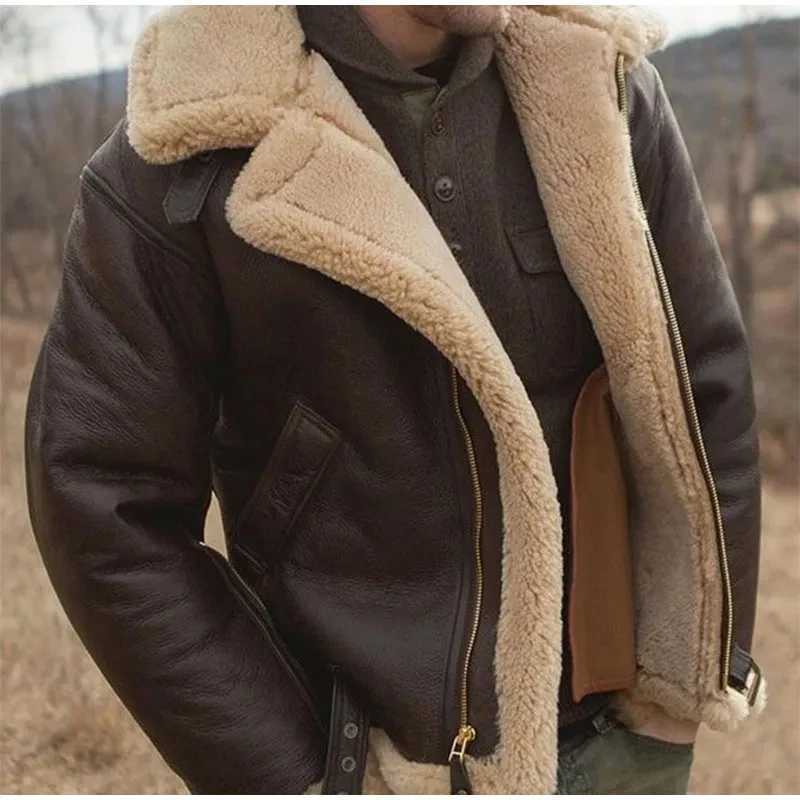 Faux Leather Fur Wrm Coat For Male Fashion Lapel Long Sleeve Thicken Fleece Jacket 2024 Winter Mens Zipper Pocket Furry Outcoat W241216