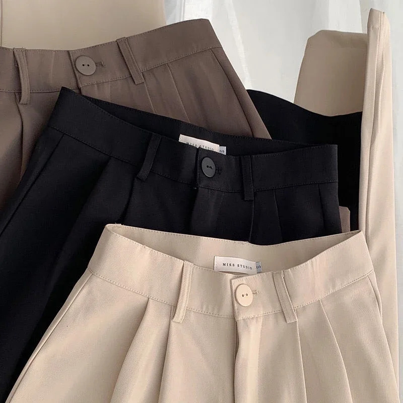 High waisted womens suit pants straight office fashionable mens casual button loose black 2024 241212