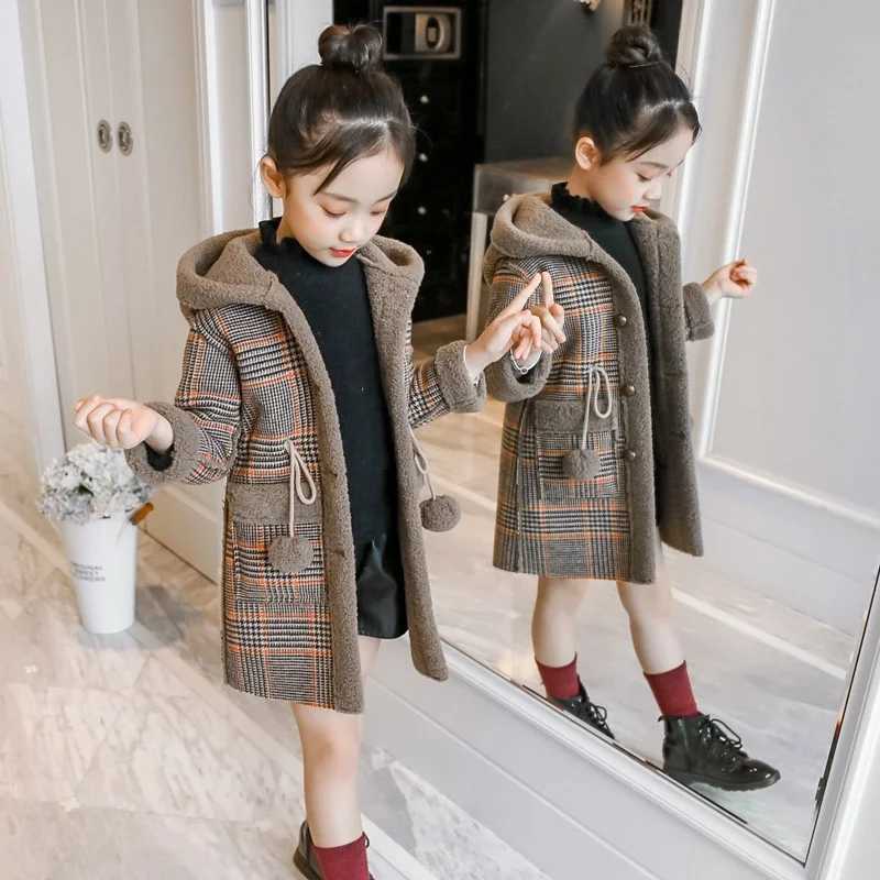 Autumn Winter Girls Hairy Coat Fashion Design Long Coat for Girls Kids Outerwear Grid Pattern Warm Winter Jacket Coats 4-12TXJ241214
