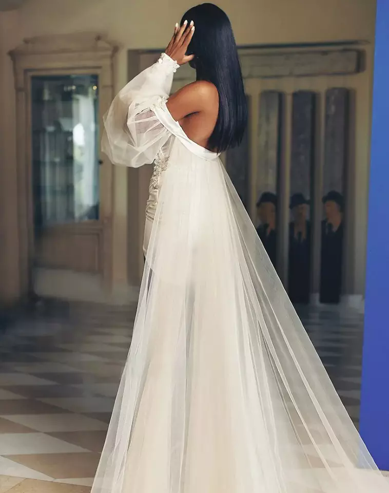 A-Line Short Wedding Party Dresses Detachable Off Shoulder Long Sleeves Pleats Bridal Gowns Brides Party Gowns for Women Bridals Dress Customized Vest