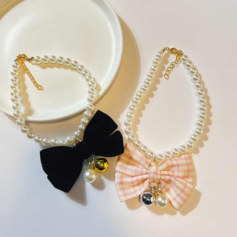 Cats Collar Cute Adjustable Pearl Dog Bell Necklace Jewelry Pearl Bow Pet Collar Elegant Party Dress Collar