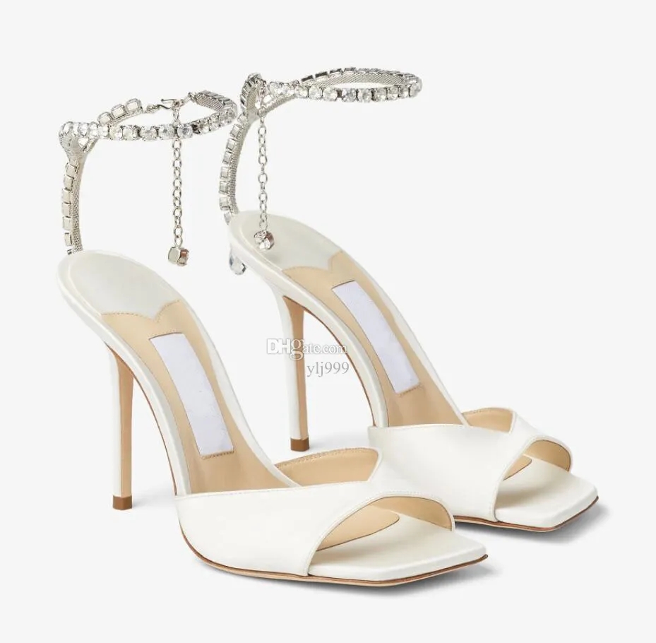 Luxury Women sandal high heels shoes SAEDA SANDAL 100mm Crystal ice white gold particle glitter sandals Square toe strass ankle strap with box