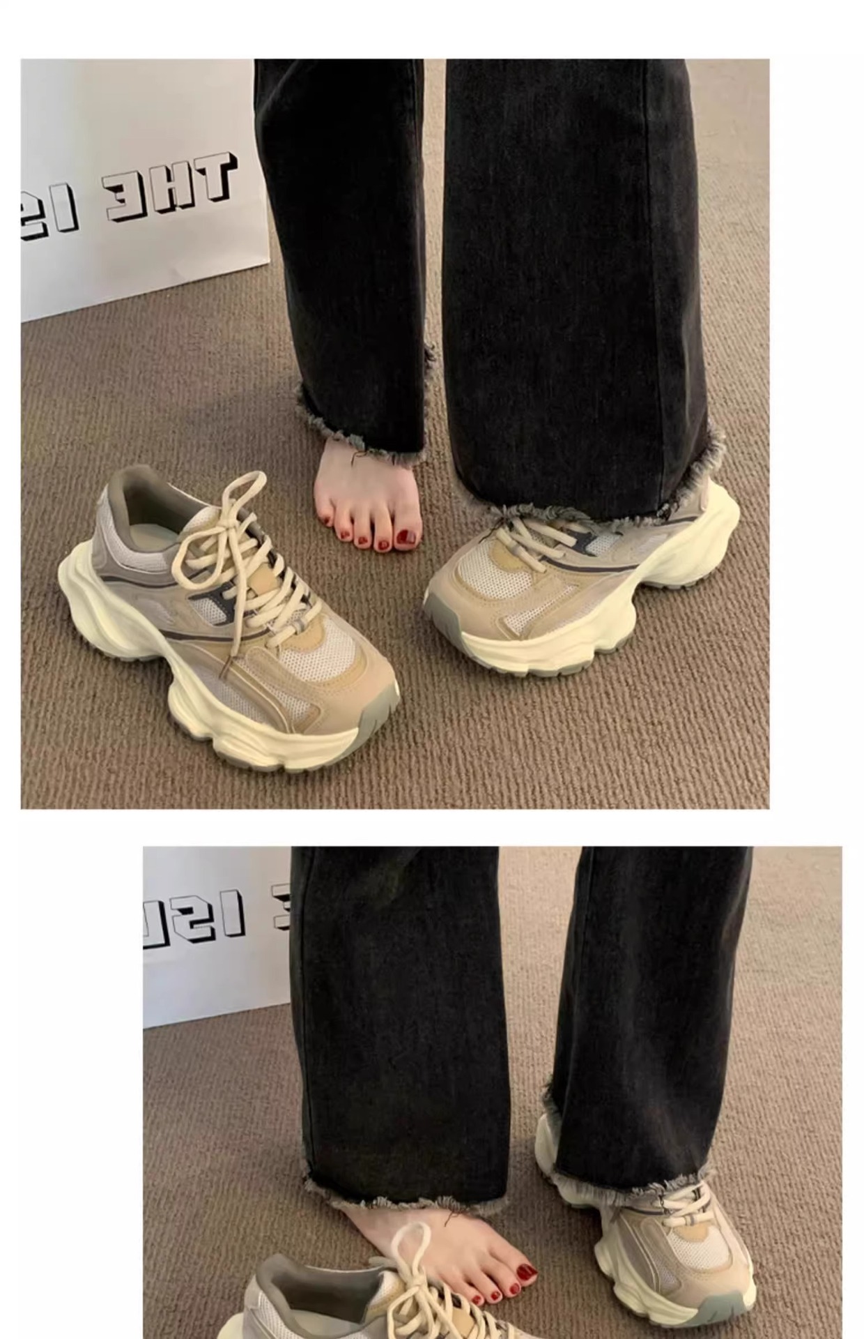 2024 new super hot retro Daddy shoes women's net surface breathable feet small casual outdoor sneakers Khaki gray