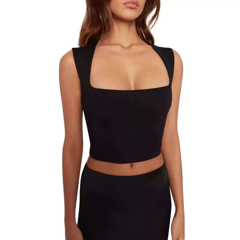 European and American INS summer sexy slim fit deep square neck vest women's short exposed navel tight solid color sleeveless top small T trend 2