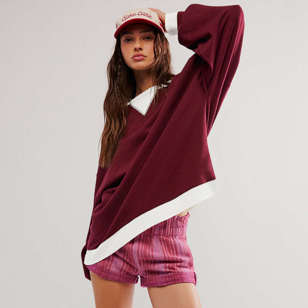 Street Style Contrasting Color Thread Long Sleeved Top, Loose Trendy Brand Off Shoulder Round Neck Hoodie Jacket, Women's Spring And Autumn Fashi
