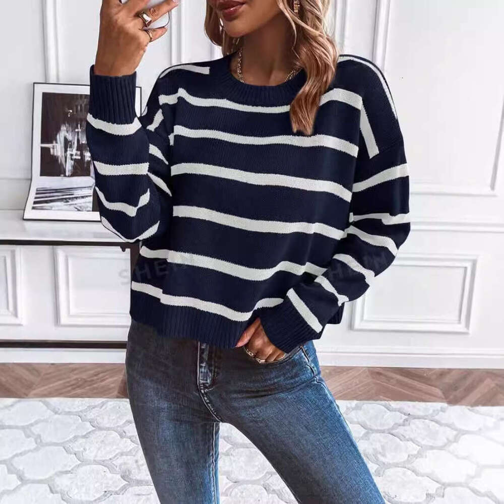 European And American Short Sleeved Cross-Border New Round Neck Striped Pullover Clothes Autumn Women's Fashion Quality Classic