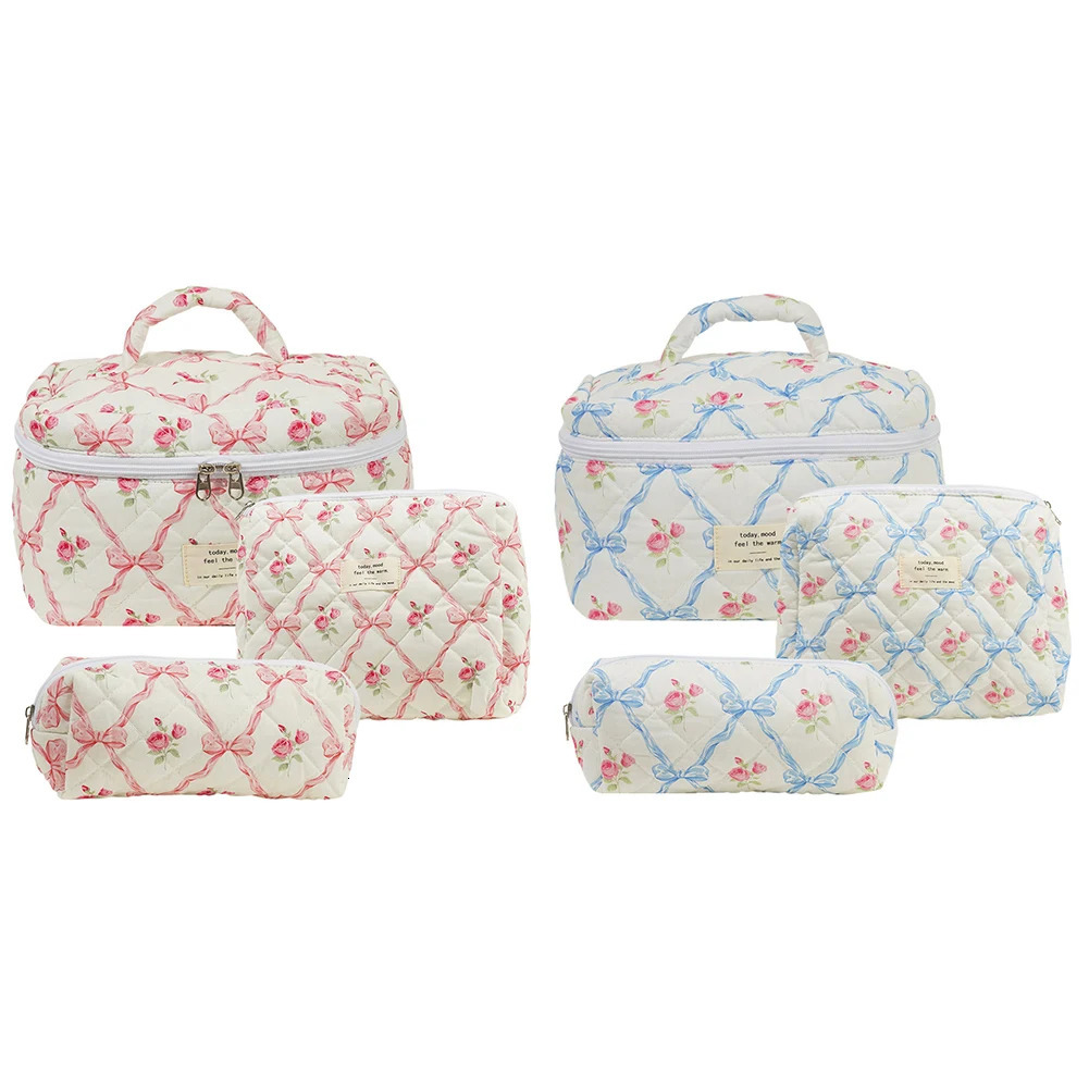 3Pcs Makeup Bag Set Portable Cosmetic Pouch Large Capacity Quilted Coquette Toiletry Bag Aesthetic Cotton for Travel Vacation 241212