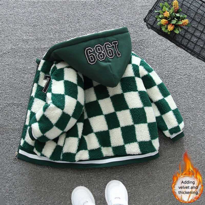 2024 Winter Boys Casual Checkered Hoodie with Zipper Pocket Printed Coat Childrens Coat Thickened 1-5 Years OldXJ241214
