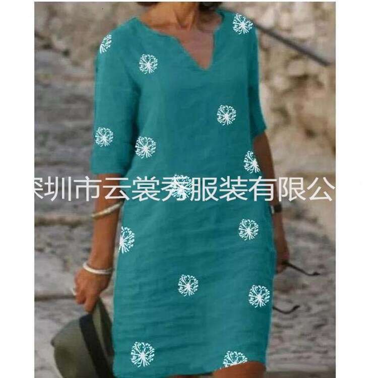 2020 summer print loose washed cotton floral short sleeved women's artistic round neck five quarter sleeve 2024 new casual versatile fashion clot
