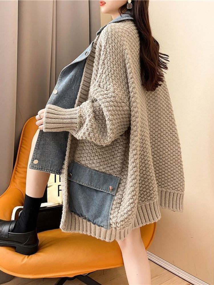 UCXQ Patchwork Denim Jacket Fashion Single Breasted Sweater Cardigan Long Sleeve Big Size Knit Coats Winter Autumn Tide 206