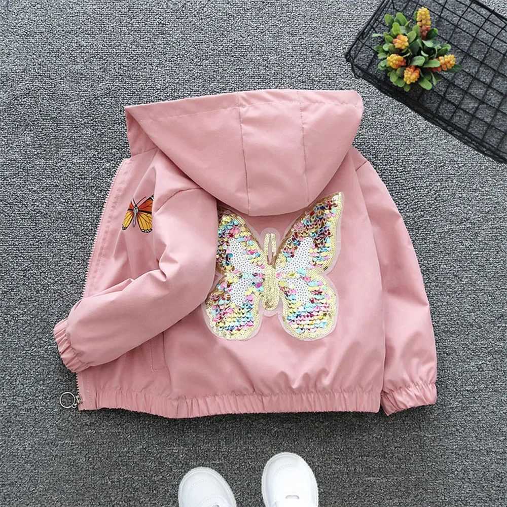Girls Jacket 2023 Autumn/Winter New Childrens Hooded Coat Sequin Butterfly Zipper Jacket Childrens Fashion JacketXJ241214