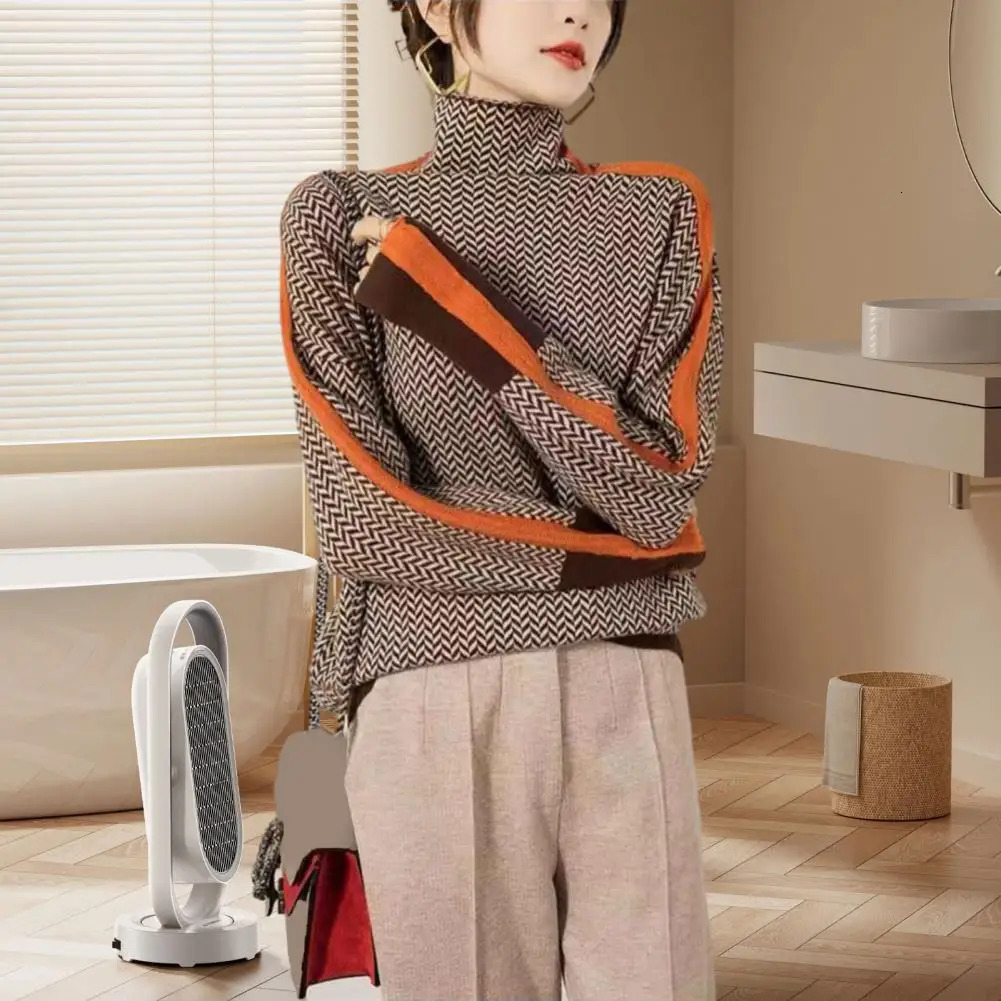 Womens autumn and winter contrasting color sweater high neck long sleeved patchwork n knitted top thick warm pull up 241211