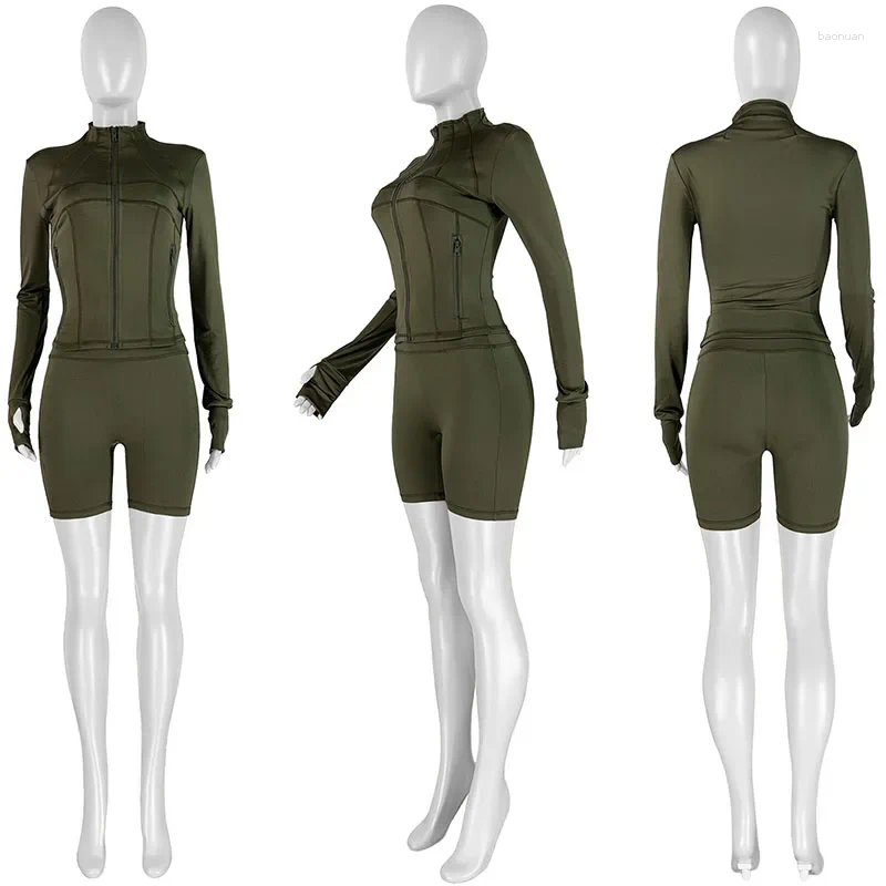 Women's Tracksuits Solid Casual Tracksuit Women 2 Piece Set Outfit Sportwear Fitness Zipper Jacket Top And Short Sets Womens Matching
