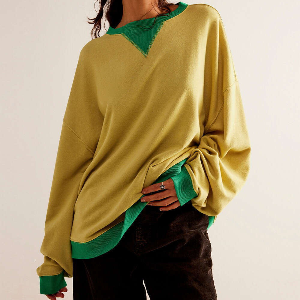Street Style Contrasting Color Thread Long Sleeved Top, Loose Trendy Brand Off Shoulder Round Neck Hoodie Jacket, Women's Spring And Autumn Fashi