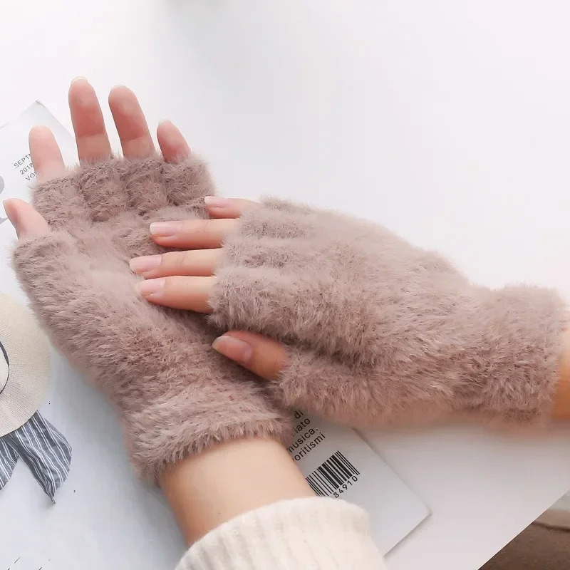 Womens half finger winter simulated mink cashmere gloves touch screen writing wool warm sports 241212