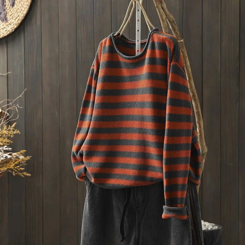 Korean Style Contrasting Color Stripes Ulzzang Loose 2024 Autumn Versatile Knitted Womens Casual Pullovers Top 241211