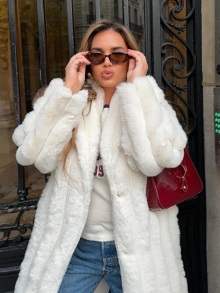 Womens Casual White Collar Faux Fur Coat Womens Elegant Thick Warm Long Sleeve Angry Long Open Fashion Coat 241210